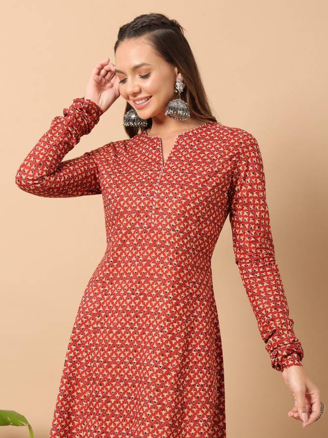FAR0113 Red Size Set Long Sleeve Printed Cotton Kurti With Bottom Wholesale Shop In Surat
